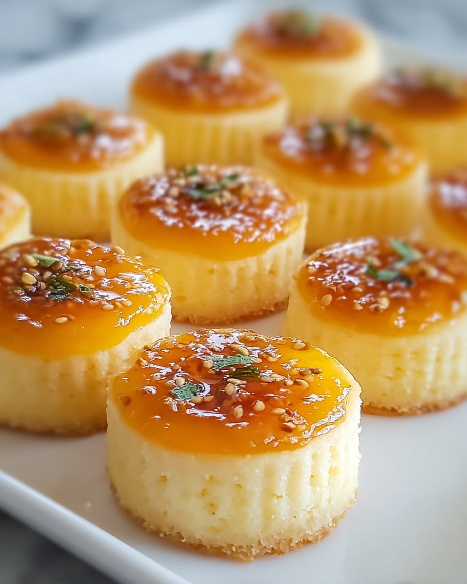 Small round pastries arranged neatly on a white plate, each with two visible layers: a bottom soft pale yellow layer with a slightly crumbly texture, topped by a glossy amber-colored jelly layer with small seeds and tiny green herb pieces scattered evenly on top. The edges of the pastries have a slightly ridged pattern, and the focus is on the front pastries with the others softly blurred in the background. The plate rests on a white marbled surface. Photo taken with an iphone --ar 4:5 --v 7