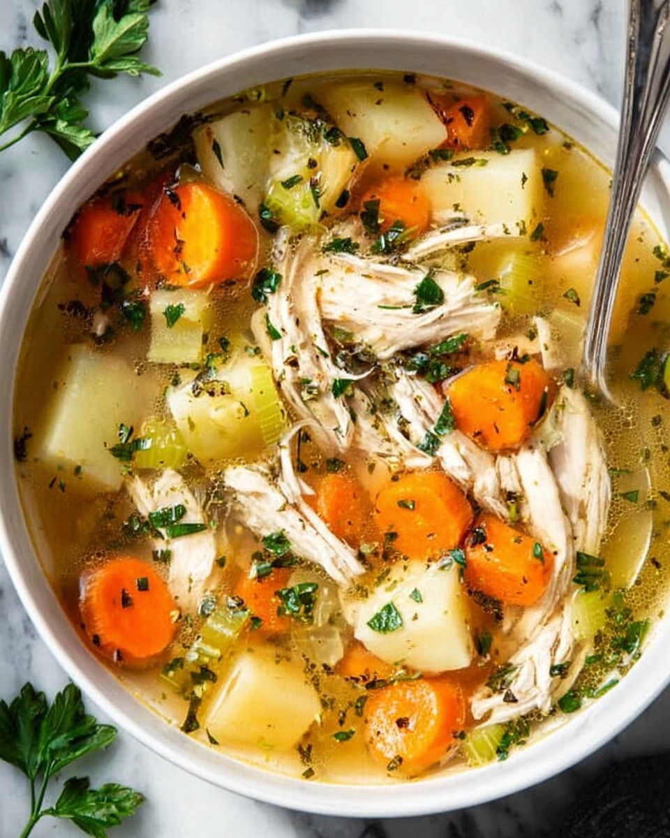 A white bowl filled with clear chicken broth soup containing several layers of ingredients: large chunks of orange carrot slices, pale green celery pieces, and light yellow cubed potatoes. Shredded white chicken meat is scattered evenly throughout the soup, with small bits of fresh chopped green herbs sprinkled on top and floating in the broth. A spoon rests inside the bowl on one side. The bowl sits on a folded white and gray cloth napkin over a white marbled surface, with some parsley leaves partially visible in the top corner. Photo taken with an iphone --ar 4:5 --v 7