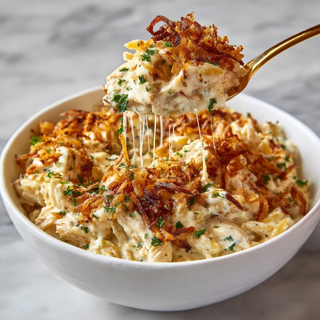 The dish shows three main layers, served in a white bowl. The bottom layer is creamy white rice mixed with shredded chicken pieces, creating a soft and rich base. The middle layer is melted cheese that stretches as a golden utensil lifts a portion, showing its gooey and stringy texture. The top layer consists of crispy golden-brown fried onion rings scattered evenly, with small green parsley bits sprinkled for color contrast. The bowl sits on a white marbled surface, and the background is a simple dark grey, making the dish stand out clearly. photo taken with an iphone --ar 4:5 --v 7