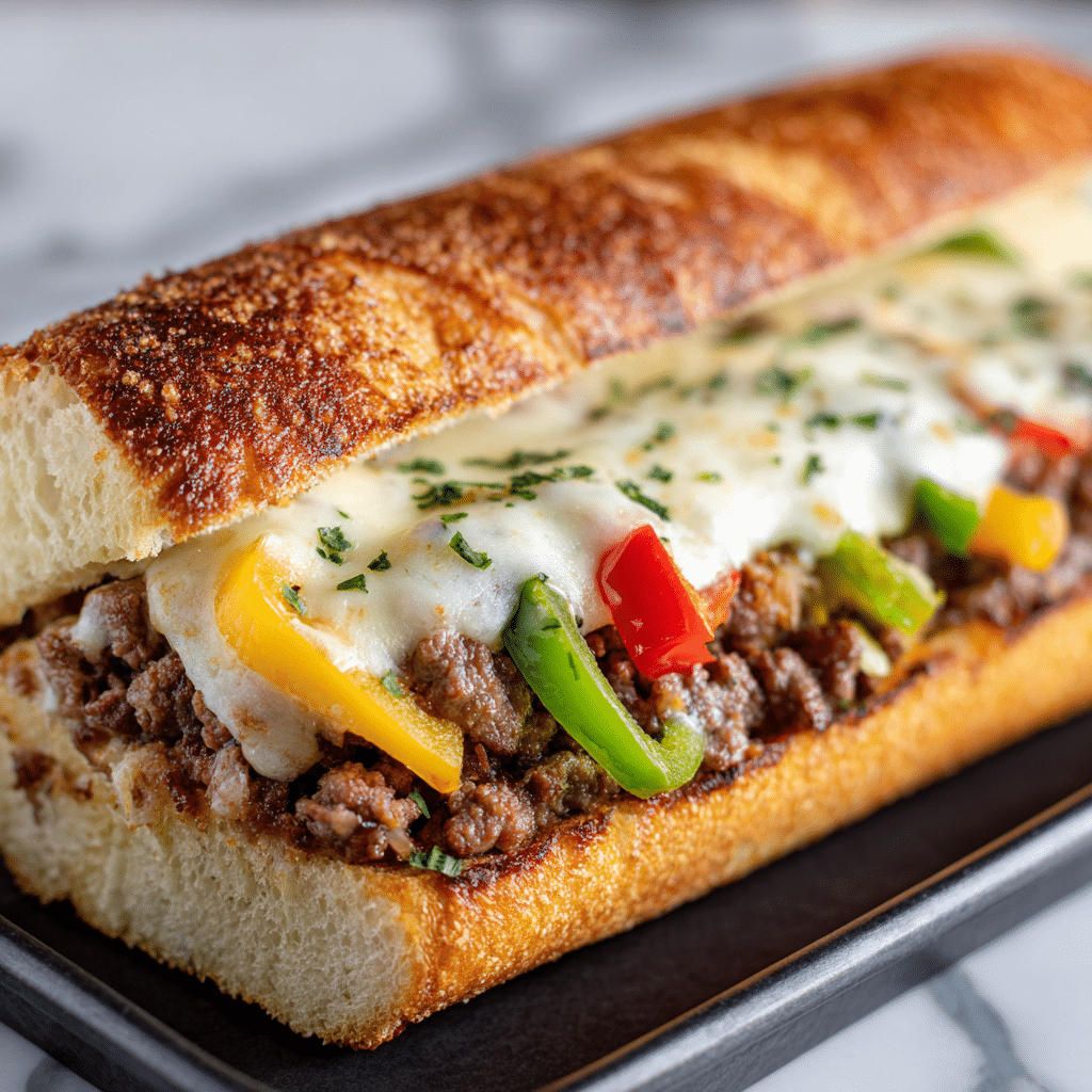 A close-up of a sandwich shows one long, toasted golden-brown bread base with a soft texture inside. On top, there are three main layers: the first layer is browned cooked ground beef spread evenly, the second layer has colorful slices of green, red, and yellow bell peppers scattered around, and the third layer is melted creamy white cheese that covers the beef and vegetables, with some green herb sprinkles on top. The sandwich sits on a black tray with a white marbled texture surface in the blurred background. photo taken with an iphone --ar 4:5 --v 7