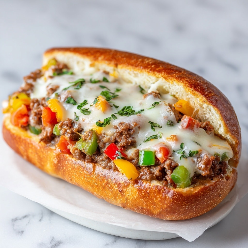 The image shows a sandwich with a golden brown toasted hoagie bun. Inside the bun, the first layer is cooked ground beef mixed with melted white cheese that is bubbly and slightly browned on top. Mixed in with the beef are pieces of red, green, and yellow bell peppers adding spots of bright color. Some fresh green herbs are sprinkled over the melted cheese, giving a fresh look. The sandwich is placed in a white dish on a white marbled surface. photo taken with an iphone --ar 4:5 --v 7
