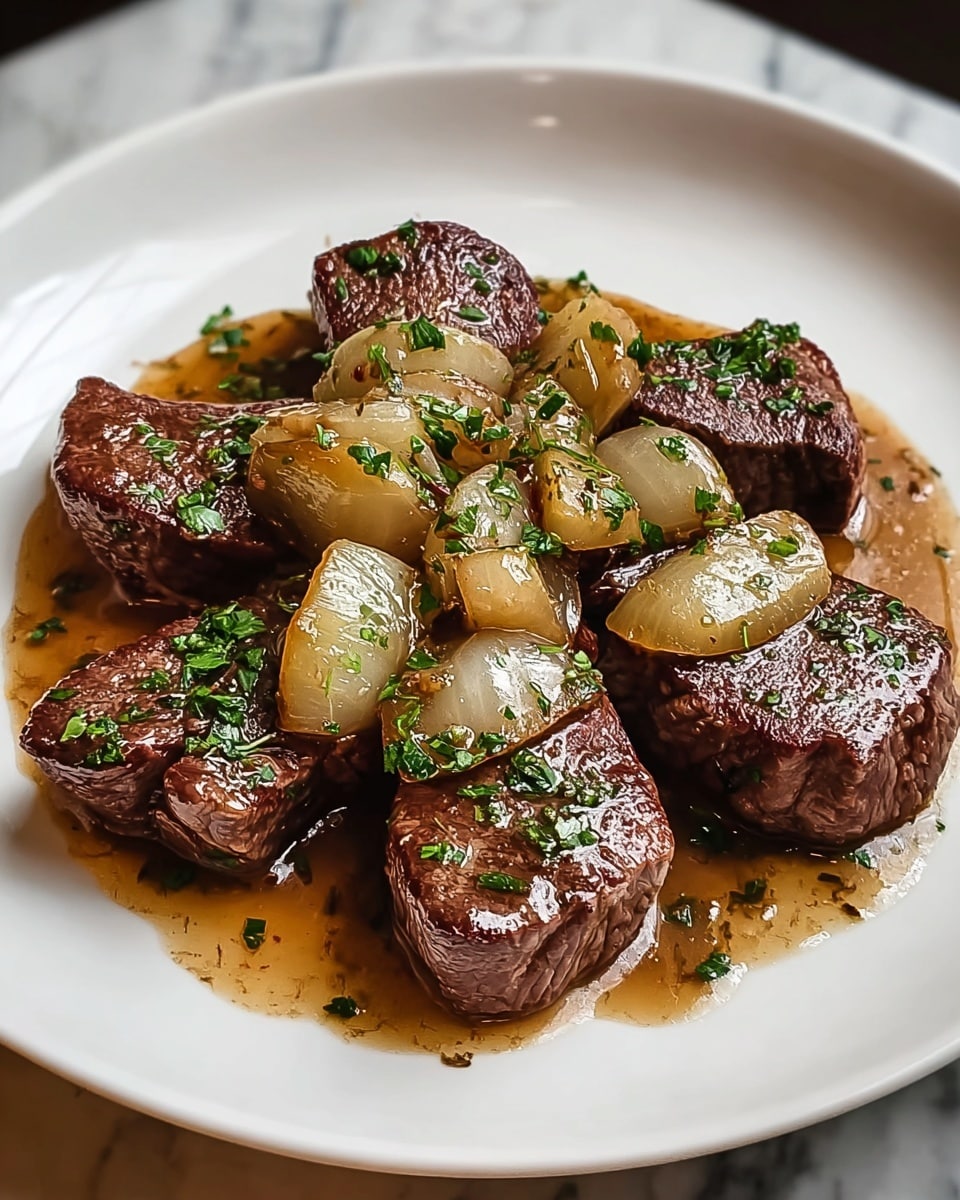 The dish shows a white plate with six pieces of cooked steak arranged in a circle, each piece brown and juicy with a slightly shiny texture. On top of the steak pieces, there are several pieces of cooked onions that are light golden-yellow with a glazed, slightly translucent look, sprinkled with small green herbs. A light brown sauce covers the bottom of the plate, pooling around the edges of the meat and onions with some extra green herb bits scattered in the sauce. The plate sits on a white marbled textured surface. photo taken with an iphone --ar 4:5 --v 7