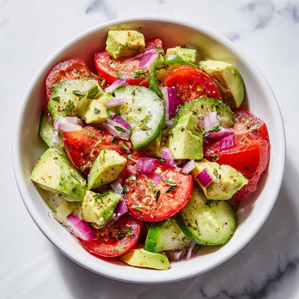 A close-up view of a fresh salad served in a white bowl, showing three main layers: chunky bright red tomato wedges scattered throughout, thick green cucumber slices with shiny skins placed evenly among the tomatoes, and soft chunks of light green avocado nestled between the cucumber and tomatoes. Tiny pieces of purple-red onion and small green basil leaves are sprinkled on top, with a light, glossy dressing coating all the vegetables, giving a fresh and juicy look. The scene is set on a white marbled texture. photo taken with an iphone --ar 4:5 --v 7