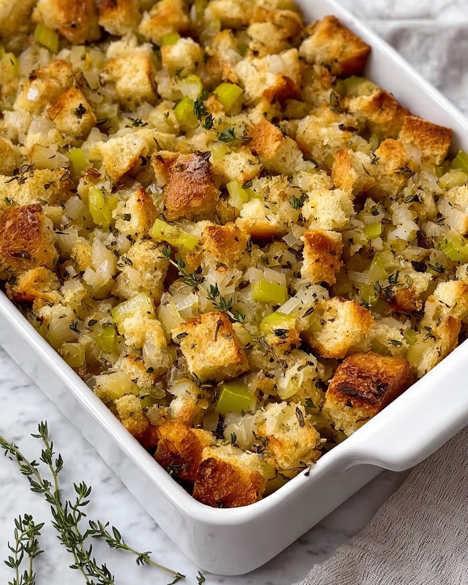 The image shows a white rectangular baking dish filled with a single layer of golden-brown bread cubes mixed with small pieces of pale yellow-green celery and bits of translucent cooked onion, all seasoned with small green herb leaves scattered throughout. The bread pieces have a crisp, toasted texture with some darker browned edges, while the onions and celery add a softer, slightly glossy contrast, creating a mix of crunchy and tender textures. The dish sits on a white marbled surface with a few small herb sprigs placed next to it. photo taken with an iphone --ar 4:5 --v 7