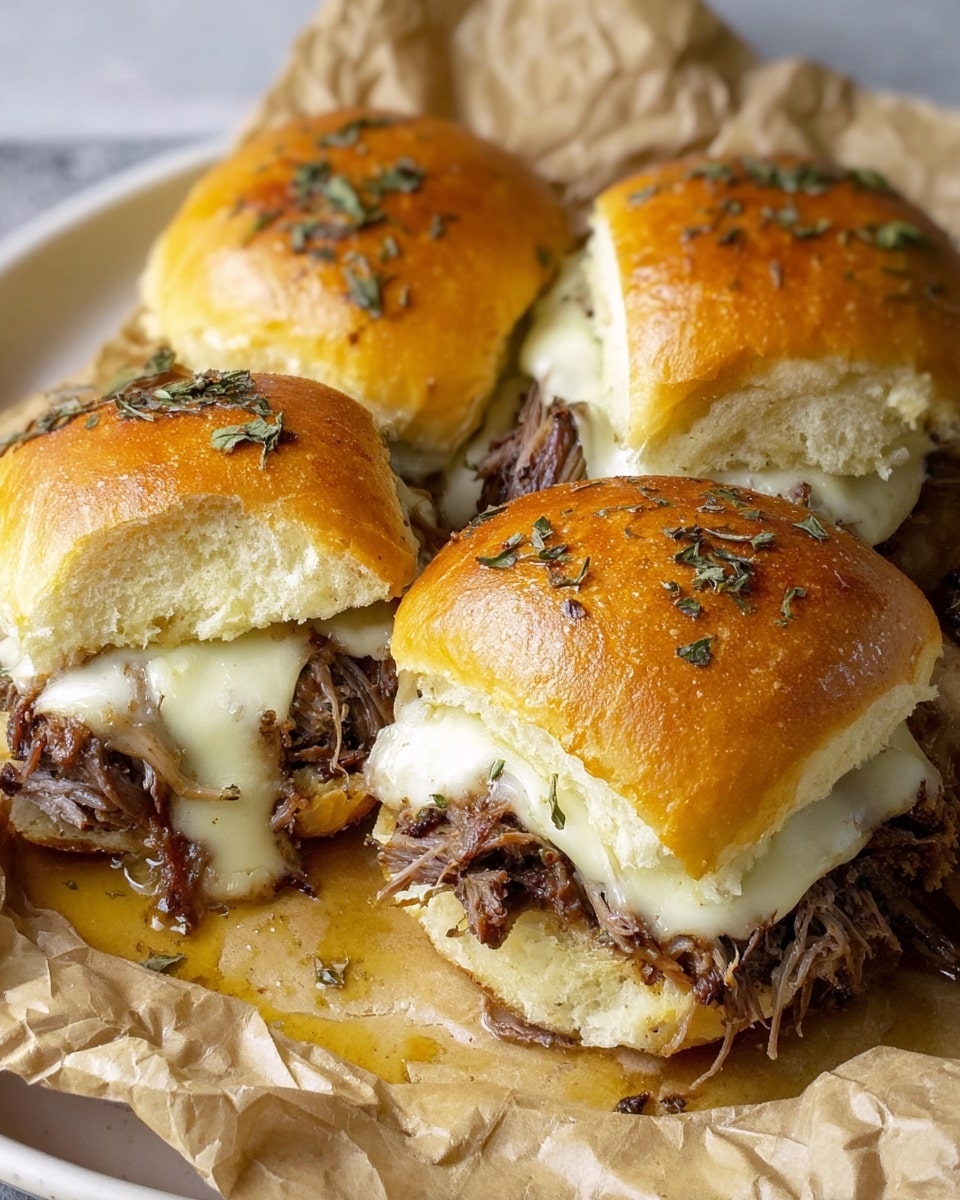A close-up of soft, golden-brown slider buns arranged in rows, each topped with a shiny glaze and sprinkled with herbs and bits of garlic. Inside, there are two visible layers: the top layer with shredded dark brown beef and melted white cheese pulling apart slightly, and the bottom layer showing more melted white cheese fused with tender beef bits. The buns rest on crinkled parchment paper over a white marbled texture background. The overall look is gooey, juicy, and inviting, with the gloss of the buns and melted cheese catching the light. photo taken with an iphone --ar 4:5 --v 7