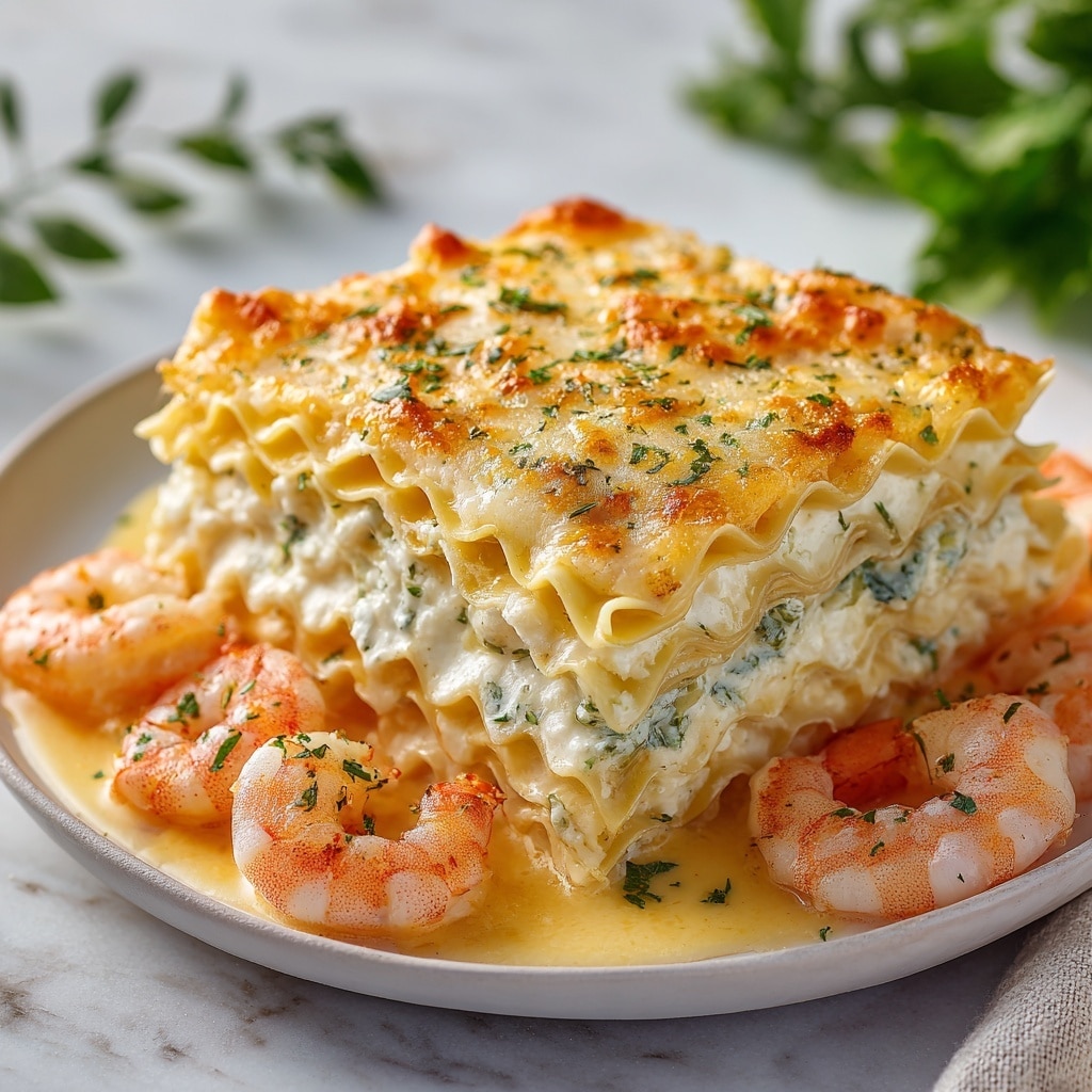 A thick slice of shrimp lasagna is shown on a white plate with a white marbled texture background. The dish has multiple layers: at the bottom is a creamy white cheese layer mixed with small pieces of shrimp, above it are thin flat pasta sheets in pale yellow, followed by a rich layer of creamy white cheese mixed with whole cooked shrimp with a light pink color. This sequence repeats two more times, ending with a top layer of golden-brown melted cheese with small browned spots and whole shrimp placed on top. The whole lasagna is sprinkled with finely chopped green herbs for color. Photo taken with an iphone --ar 4:5 --v 7