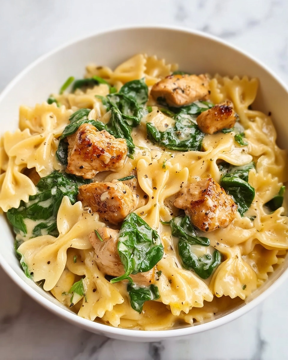 A black pan filled with creamy pasta made of farfalle noodles in a thick, light orange sauce. The sauce has small green spinach leaves spread throughout and chunks of light brown cooked chicken mixed all over. The pan sits on a wooden table next to a glass bowl with fresh spinach leaves, and a gray and white striped cloth is placed nearby. Photo taken with an iphone --ar 4:5 --v 7