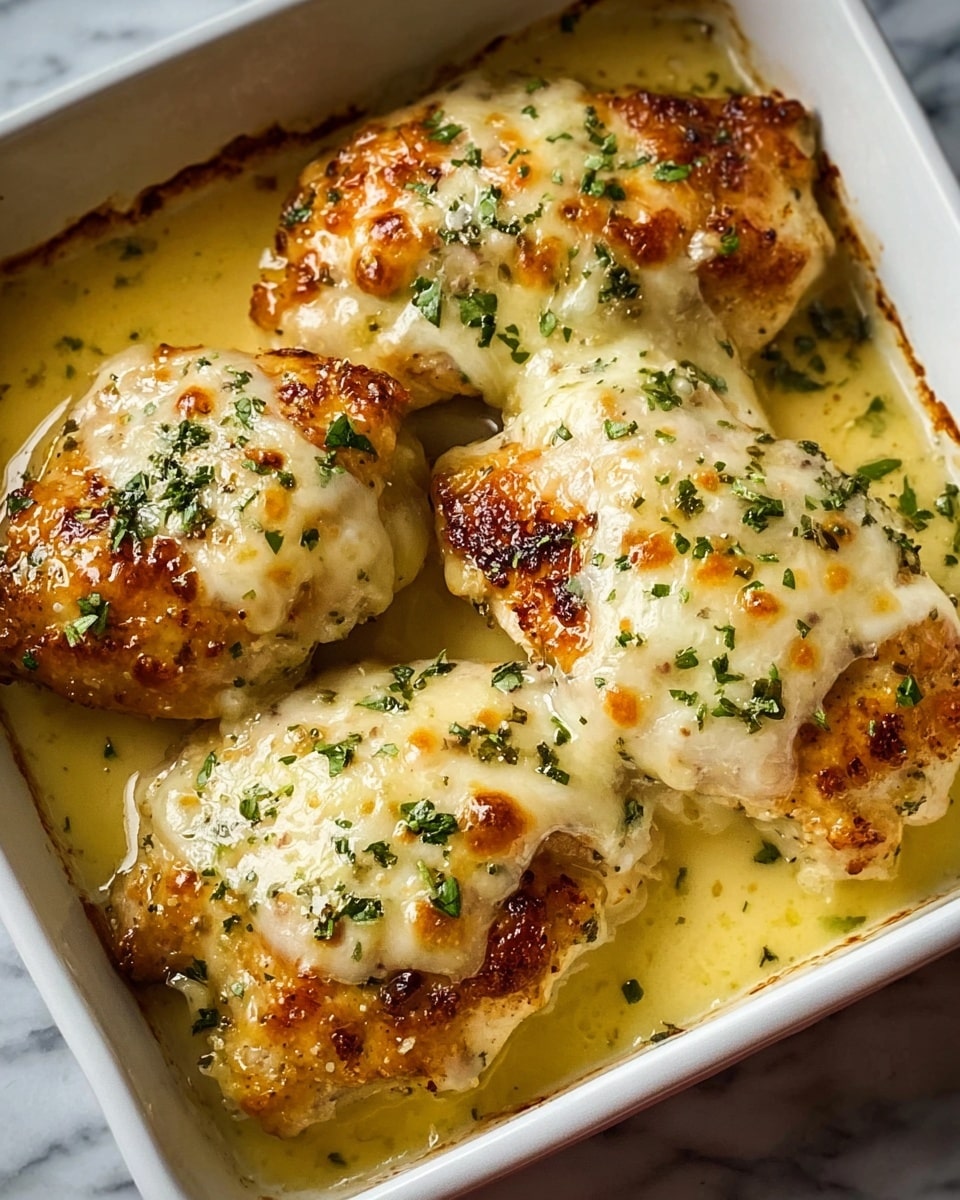 The image shows four golden-brown chicken thighs in a white baking dish. Each piece has a crispy, browned skin topped with melted cheese that is creamy white with slightly browned spots. The chicken is covered in a light, creamy sauce that pools around the pieces at the bottom of the dish. Small green herb bits are scattered evenly on top of the cheese, adding a touch of color and freshness. The dish sits on a white marbled surface. Photo taken with an iphone --ar 4:5 --v 7