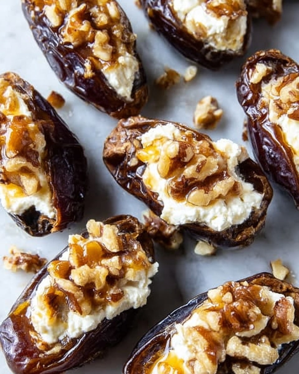 The image shows several dark brown dates sliced open lengthwise, each filled with a creamy white cheese layer inside. On top of the cheese, there are small pieces of light brown chopped nuts scattered, adding texture and crunch. A light drizzle of golden honey is visible on the dates and the white marbled surface they rest on, enhancing the shine and richness of the dish. The dates are close together in an irregular arrangement, giving a cozy and inviting look. photo taken with an iphone --ar 4:5 --v 7