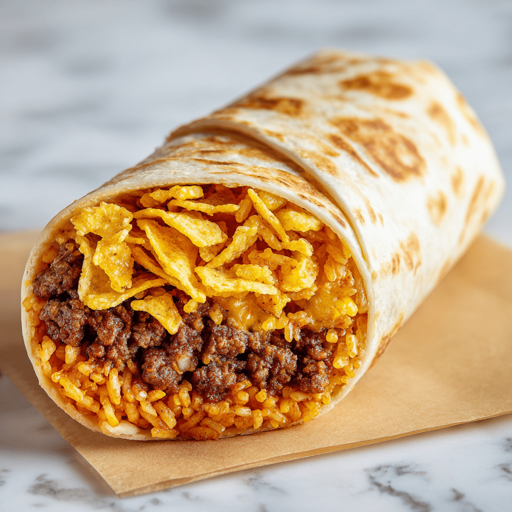 A close-up image of a wrapped burrito resting on a square piece of light brown paper, placed over a white marbled surface. The burrito has one layer of a soft, off-white tortilla with light brown toasted spots. Inside, there are two visible layers: the bottom layer is orange rice with a slightly glossy texture, and above it is a layer of cooked ground meat in brown color. Scattered throughout the meat layer are small, bright yellow corn chips adding a crunchy texture. The burrito is rolled from right to left, leaving the open end showing the colorful filling layers. Photo taken with an iphone --ar 4:5 --v 7