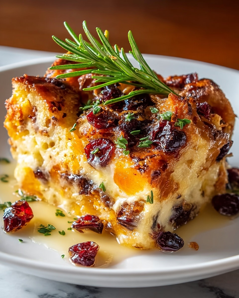 The image shows a close-up of a baked layered dish on a white plate, placed on a white marbled surface. The dish has three visible layers: the bottom layer is a soft, orange squash or sweet potato base, the middle layer is creamy and cheesy in pale yellow color, and the top layer is golden brown and crispy with melted cheese. Scattered on the top are dark red dried cranberries and bits of green herbs. A small green rosemary sprig decorates the top center of the dish. The melted cheese on the sides drips slightly down the layers, giving a rich and glossy look. photo taken with an iphone --ar 4:5 --v 7