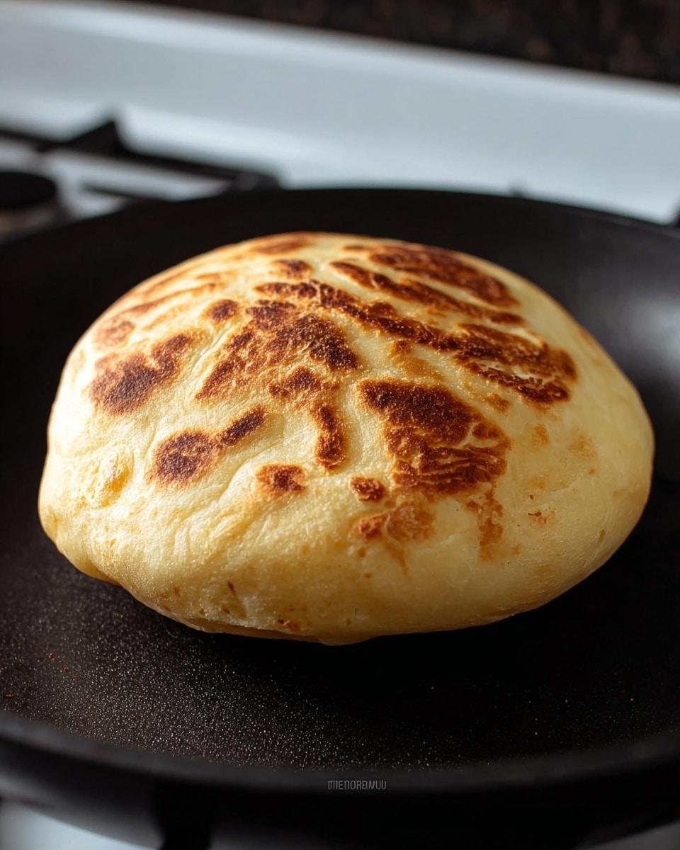 A single round, puffed bread sits on a black cooking pan with a white marbled stove background. The bread is golden brown with uneven toasted spots on its smooth, slightly puffy surface, showing air bubbles underneath that give it a light and airy texture. The bread has a thick, puffy layer and looks soft and fresh, slightly raised from the pan. Photo taken with an iphone --ar 4:5 --v 7