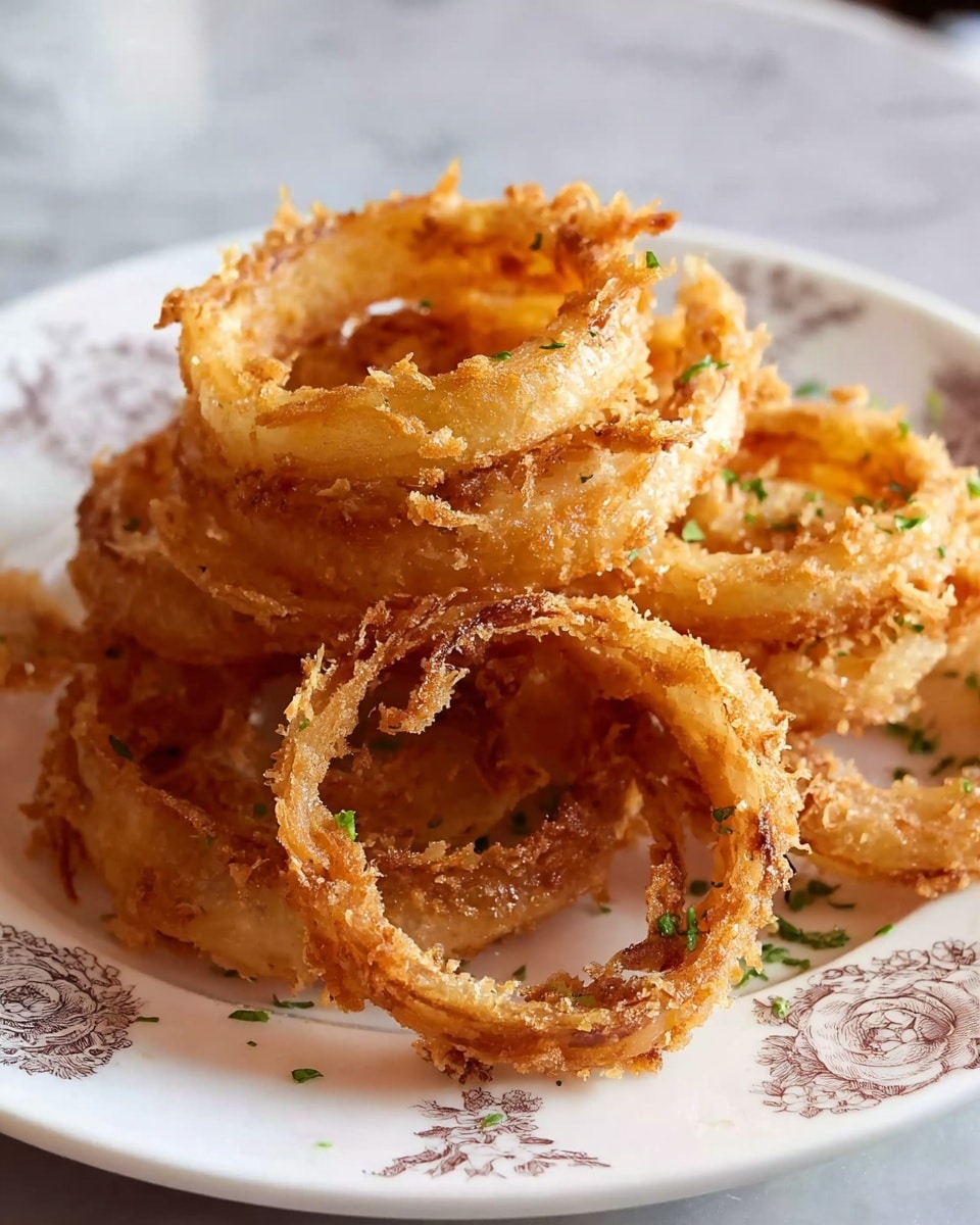 A pile of golden-brown fried onion rings stacked on a white plate with subtle floral patterns, each ring's batter showing a crispy and uneven texture with some light and darker browned spots. Small bits of green herbs are sprinkled over the onion rings and plate, adding a touch of color. The plate sits on a surface with a white marbled texture. photo taken with an iphone --ar 4:5 --v 7