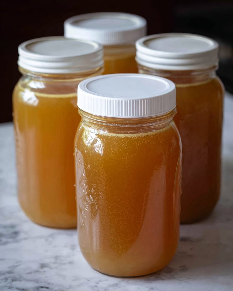 The image shows four glass jars filled with a golden brown liquid that looks smooth and slightly thick. Each jar has a white plastic lid, with one jar in the front center without a lid. The jars are placed close together on a surface with a white marbled texture. The background is dark and blurry, drawing focus to the jars and their warm-colored contents. photo taken with an iphone --ar 4:5 --v 7