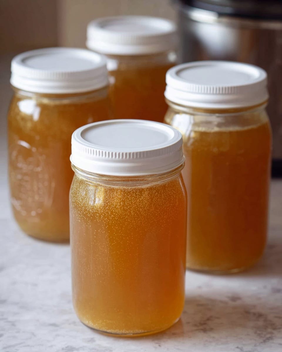 A close-up image shows four glass jars filled with a golden-brown liquid, likely broth or stock. Each jar has a white plastic lid screwed on, except the front one which is open, revealing the slightly cloudy texture of the liquid inside. The jars are placed on a white marbled surface, arranged with the open jar in front and three closed jars slightly blurred in the background. The lighting is soft, well highlighting the translucent and warm color of the broth. photo taken with an iphone --ar 4:5 --v 7