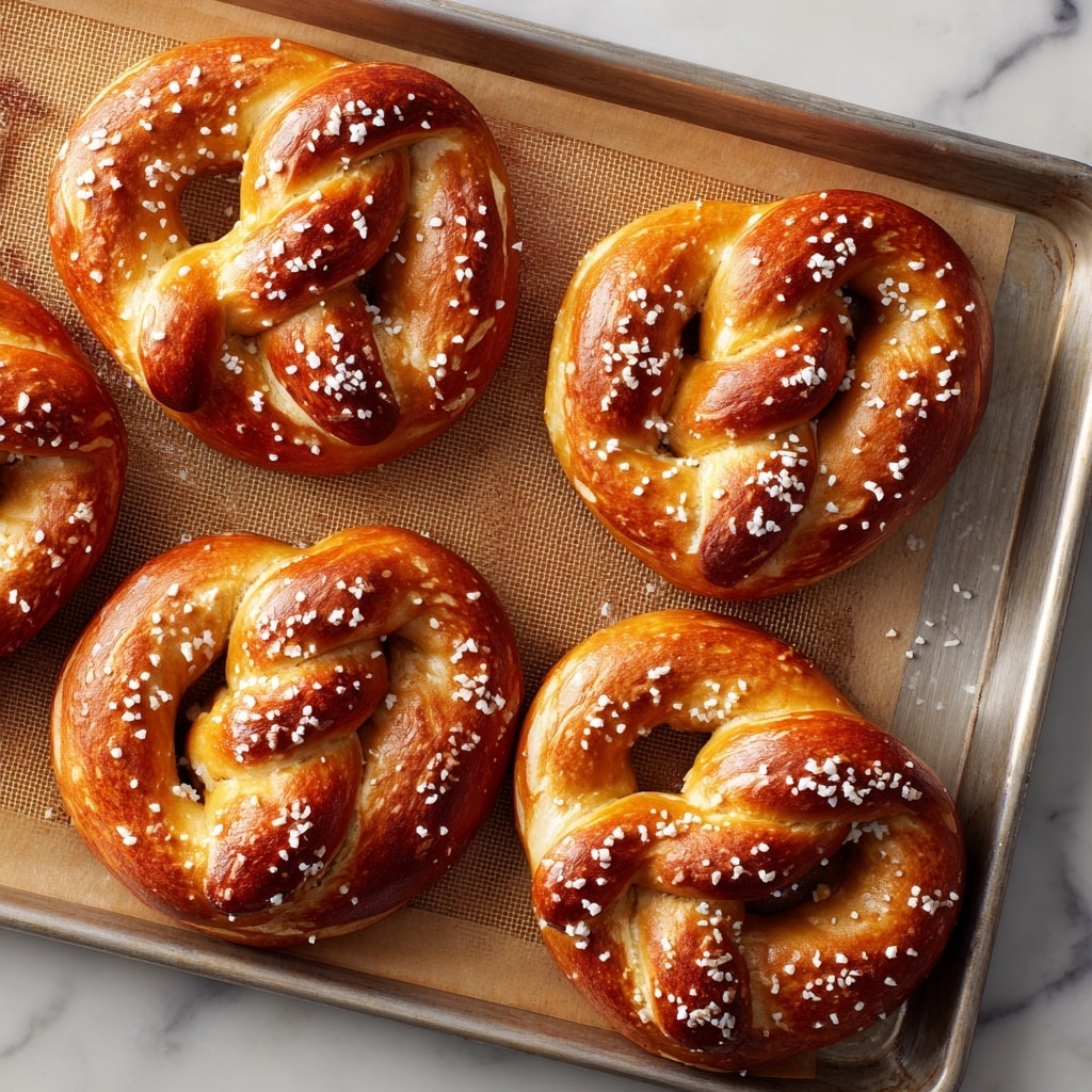 The image shows a close-up of five golden-brown soft pretzels on a metal baking tray lined with a tan silicone mat that rests on a white marbled texture. Each pretzel has a shiny, smooth crust with twisted loops and is sprinkled with large white salt crystals that add rough texture on top. The pretzels are arranged in two rows partially cut off by the frame, with some salt scattered around them on the mat and tray edges. photo taken with an iphone --ar 4:5 --v 7