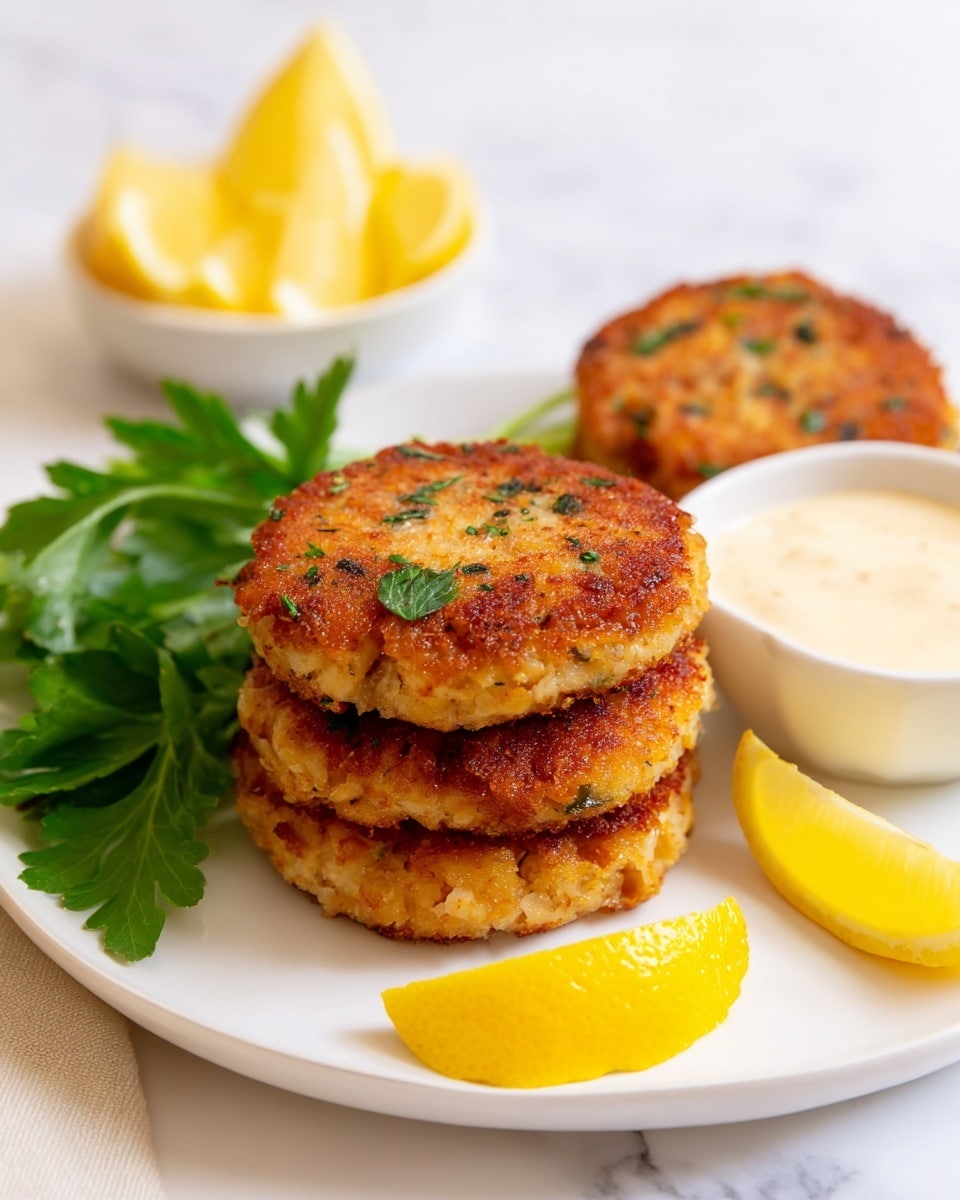 The image shows three golden-brown crab cakes stacked slightly overlapping on a white plate, each with a crispy textured surface sprinkled with small green herb bits. Around the crab cakes, there are bright yellow lemon wedges positioned on the plate’s edges. To the back left of the crab cakes, there is a small white bowl filled with creamy, light orange dipping sauce. Behind the bowl, fresh green parsley adds a pop of color. In the background on the right, a small white dish holds additional lemon slices. The plate sits on a white marbled surface with a beige cloth that has a simple black grid pattern in the background. photo taken with an iphone --ar 4:5 --v 7