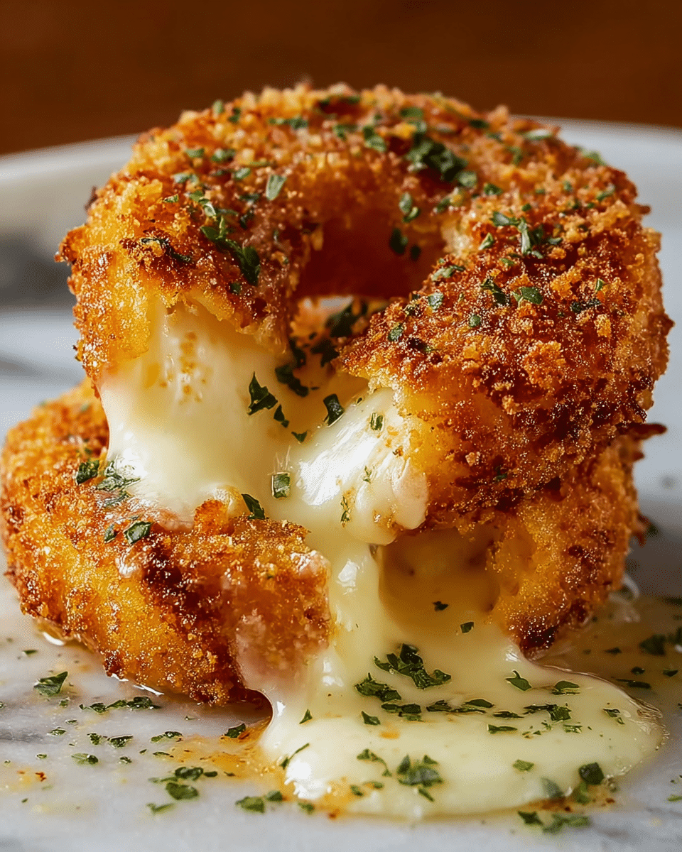 The image shows two golden brown fried rings with a crispy and crunchy texture on the outside, coated in small bread crumbs. Each ring is filled with stretchy, melted white cheese oozing out in the center and spilling onto a white marbled surface below. The rings are sprinkled with small bits of chopped green herbs, adding a pop of color on top and around the cheese. The warm cheese looks gooey and soft, contrasting with the crunchy, dark toasted crust. Photo taken with an iphone --ar 4:5 --v 7