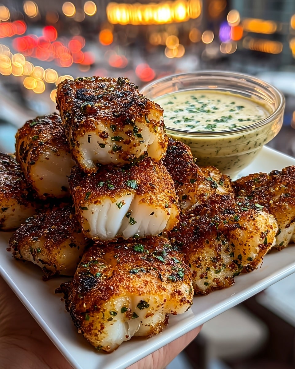 A white square plate holds about eight pieces of grilled fish with a golden-brown crispy crust, speckled with green herbs and black char marks. The fish pieces are thick, white inside, and stacked close together. At the back of the plate, there is a small clear glass bowl filled with a creamy, light beige sauce with green herb flecks. A woman's hand is holding the plate, and the background shows city lights blurred out, giving a warm glow. The setting is on a white marbled texture. photo taken with an iphone --ar 4:5 --v 7