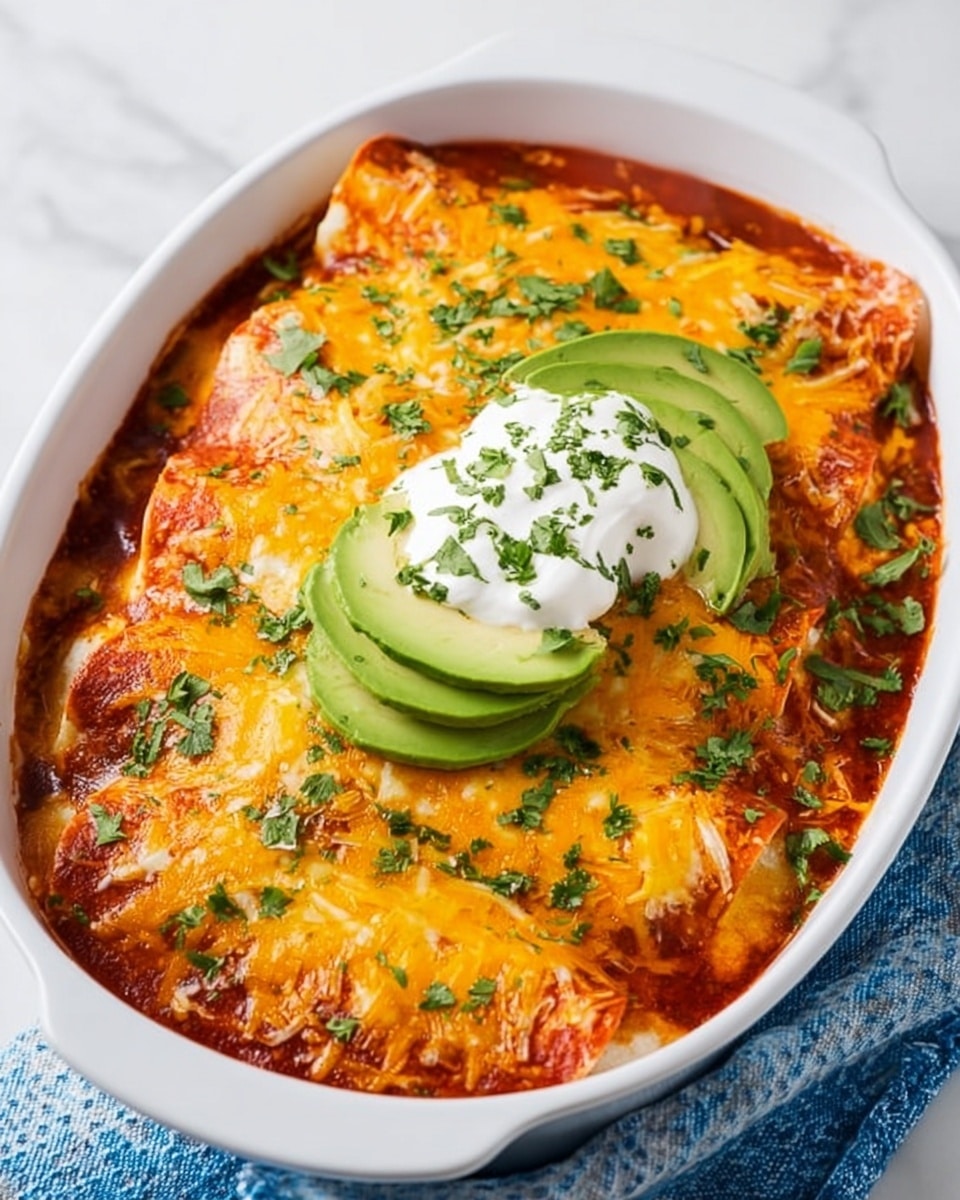 A close-up of a white plate holding two enchiladas covered with melted orange-yellow cheese and red sauce. The enchiladas are garnished with chopped green herbs scattered on top. On the back left side of the plate, a slice of fresh avocado rests, next to a small dollop of white sour cream. The plate is placed on a blue and white patterned cloth, all set on a white marbled surface. A metal fork is partially visible on the right side of the plate. photo taken with an iphone --ar 4:5 --v 7