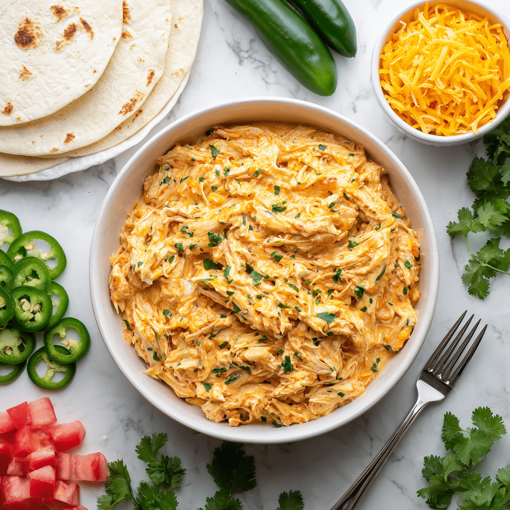 Three soft white tortillas are filled with shredded chicken mixed with a sauce, then topped with chopped lettuce, diced red tomatoes, orange shredded cheddar cheese, and sliced green jalapeño peppers. Fresh green cilantro leaves are placed on top as garnish. The tacos are arranged closely together on a wooden surface with some shredded cheese and lettuce scattered around. The background is a white marbled surface. Photo taken with an iphone --ar 4:5 --v 7