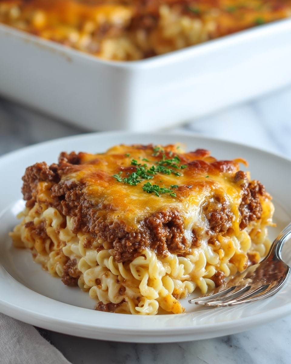A square serving of lasagna sits on a white textured plate with ruffled edges. The lasagna has multiple layers: the bottom and middle layers contain curly-edged pasta sheets in a pale cream color interspersed with a browned ground beef mixture, creating a rich brown layer. The top layer is covered with melted, golden-yellow cheese that has browned spots and a glossy texture, sprinkled with small green parsley pieces. There is a silver fork resting on the plate's edge near the lasagna. In the background, a white baking dish with more lasagna rests on a soft colored cloth, all set on a white marbled surface. photo taken with an iphone --ar 4:5 --v 7