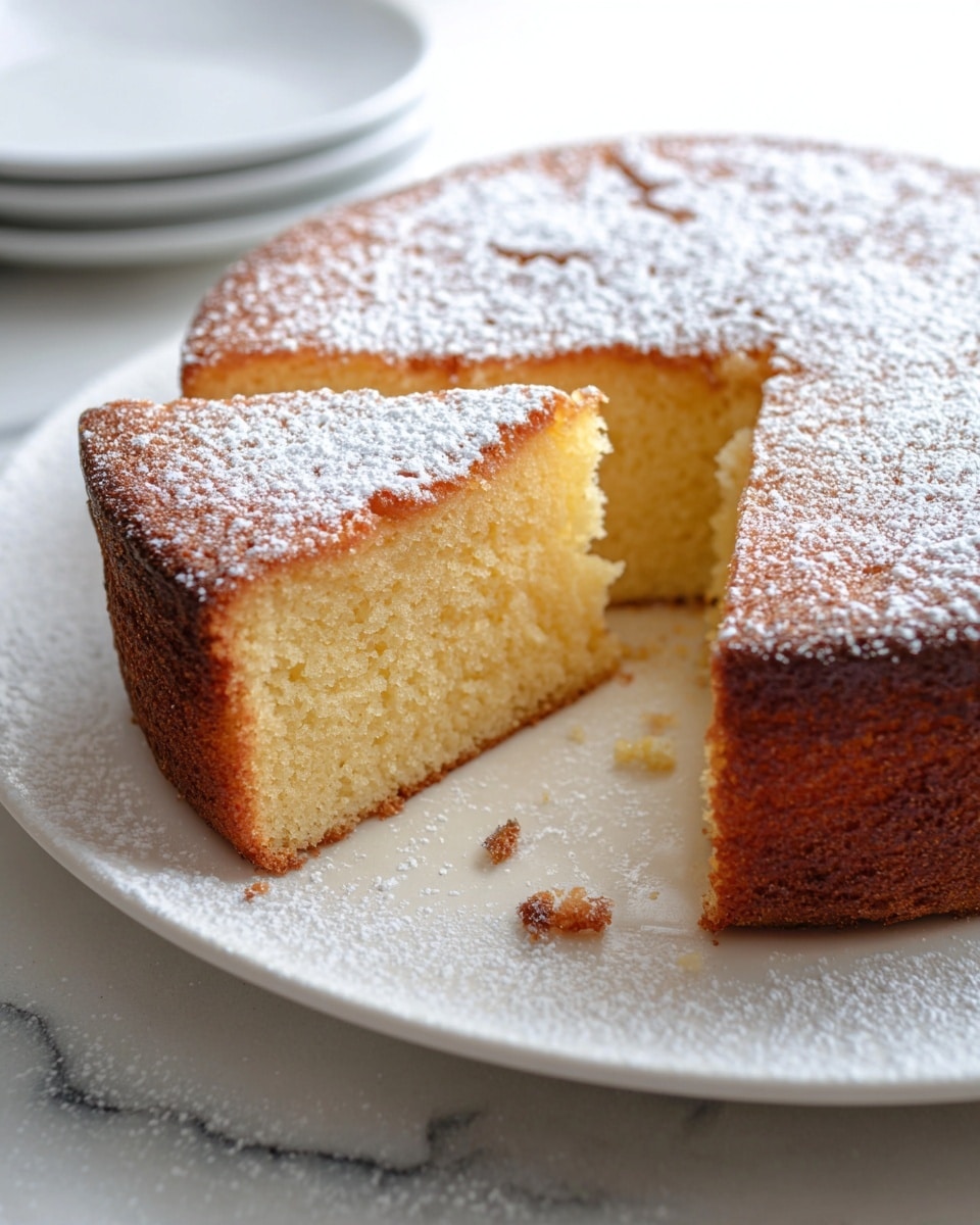 A round, single-layer cake with a golden brown crust on the top and sides, showing a soft, light yellow inside where one slice is removed, revealing a moist texture. The cake is dusted evenly on top with fine white powdered sugar, and some powdered sugar is scattered on the white plate around it. The cake sits on a white plate placed on a white marbled texture surface. Photo taken with an iphone --ar 4:5 --v 7