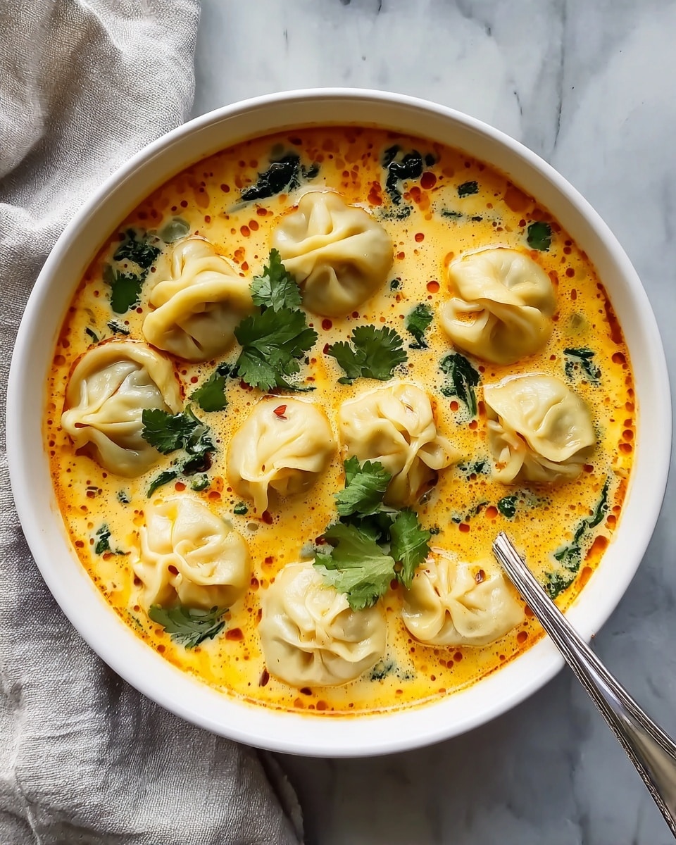 A white bowl filled with a creamy orange soup that has small oil droplets on the surface, with seven pleated dumplings floating evenly throughout. The dumplings are light beige with tightly folded tops gathered in the center. Bright green cilantro leaves and some cooked spinach pieces are scattered on top, adding a fresh contrast to the warm soup. A metal spoon rests on the edge of the bowl, and the bowl is set on a white marbled surface with a soft light gray cloth nearby. photo taken with an iphone --ar 4:5 --v 7