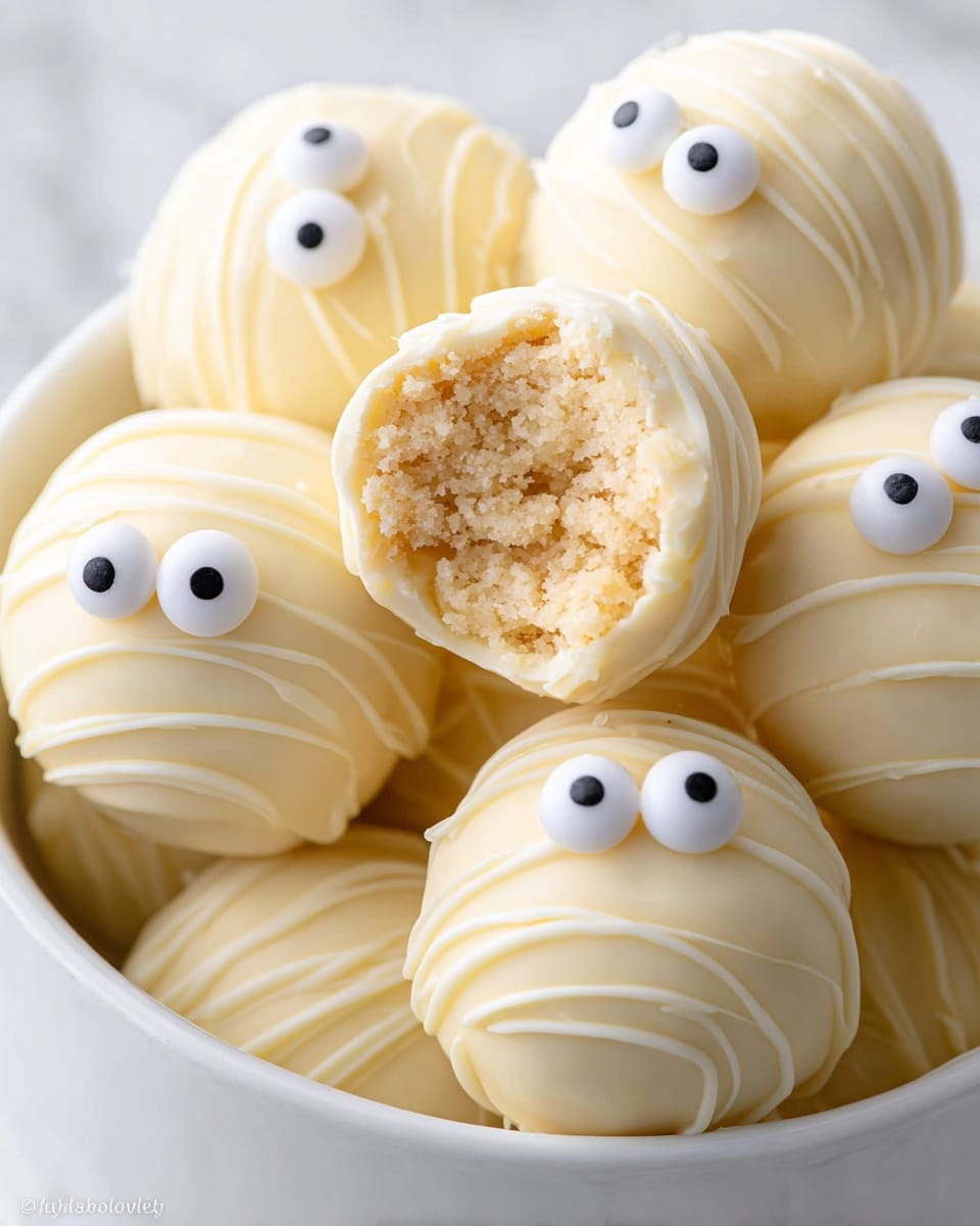 The image shows a close-up of round, pale yellow balls that have a rough texture inside and are coated with smooth white chocolate on the outside. Each ball is decorated with thin, wavy lines of white chocolate all around and topped with two small round white candies that have tiny black dots in the center, making them look like eyes. One ball is bitten to show the crumbly inside, while the others are whole and stacked closely together in a white bowl, all set on a white marbled surface. photo taken with an iphone --ar 4:5 --v 7