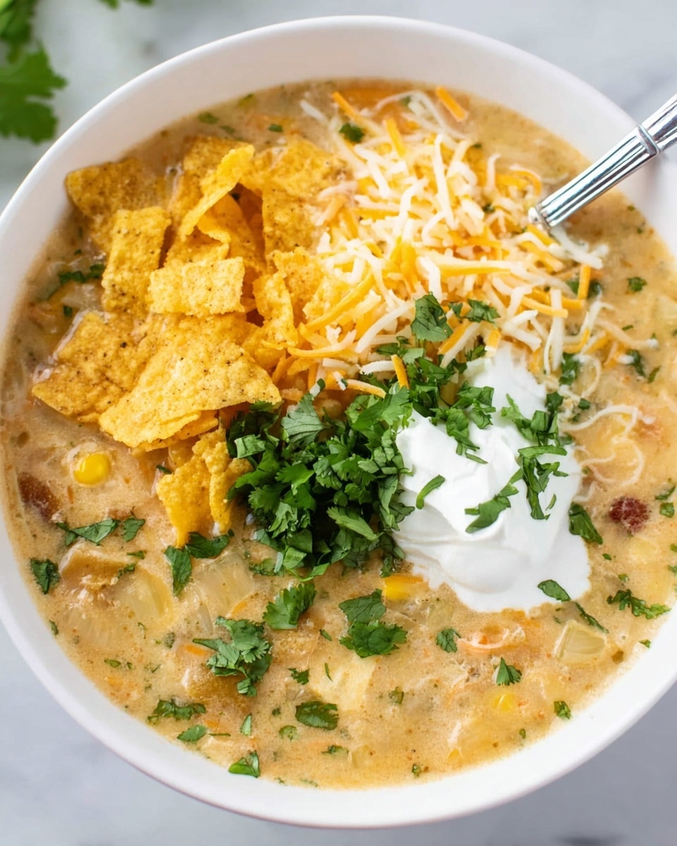 The image shows a close-up of a creamy soup in a white bowl with three main visible layers: the thick creamy beige broth forming the base, a mixture of small, pale yellow corn kernels and chunks of pale cooked chicken scattered throughout, and a garnish of crushed yellow tortilla chips on top at the back of the bowl. A spoon holds a scoop of the soup in the foreground, displaying the creamy texture mixed with corn, chicken pieces, and tiny green herb bits. There is a small green cilantro leaf placed near the back of the bowl. The entire scene is set on a white marbled surface. photo taken with an iphone --ar 4:5 --v 7