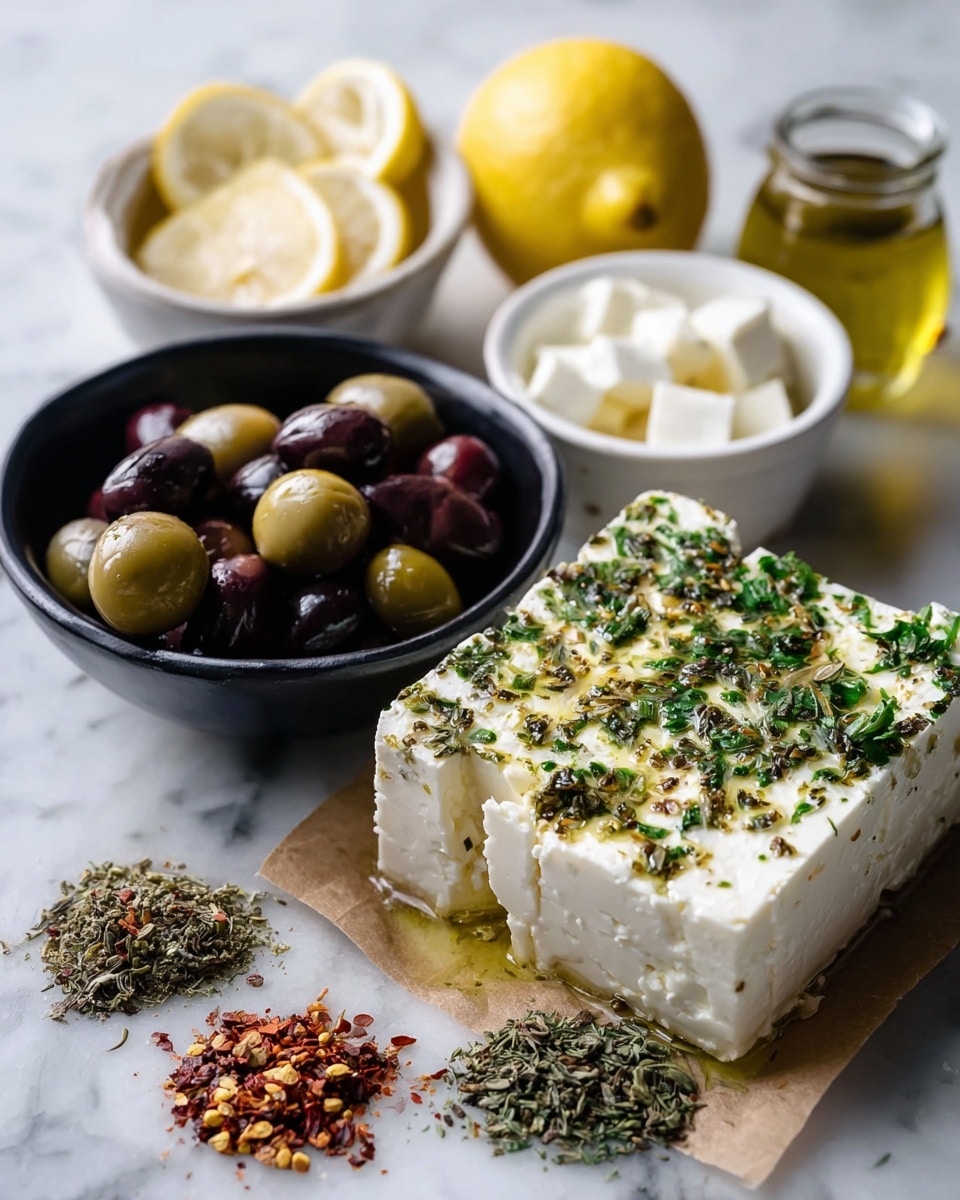 A close-up of a food arrangement on a white marbled surface featuring a large block of white feta cheese sprinkled with green herbs and drizzled with olive oil on a piece of brown parchment paper, positioned to the right. In front of the cheese, there are two small piles of dried herbs and chili flakes. To the left of the cheese, a black bowl holds shiny green and dark purple olives. Behind the olives, two small white bowls contain white chopped garlic and creamy white cheese cubes. Two halved lemons are placed behind the cheese, and a small glass jar filled with golden olive oil is set near the lemons. Photo taken with an iphone --ar 4:5 --v 7