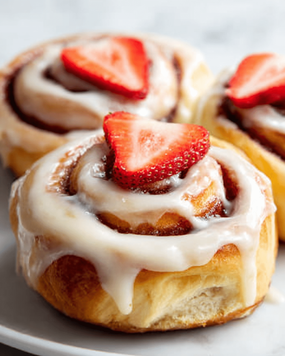 The image shows three cinnamon rolls on a white plate set on a white marble surface. Each cinnamon roll has a soft, golden-brown base made of many swirled layers of dough with a slightly glossy texture. The rolls are thick with visible spirals of cinnamon filling inside. On top of each cinnamon roll, there is a smooth, thick layer of creamy white icing that looks glossy and slightly drippy. Each roll is decorated with a thin, fresh strawberry slice placed neatly on the icing. The focus is on the front roll, with the others softly blurred in the background. Photo taken with an iphone --ar 4:5 --v 7