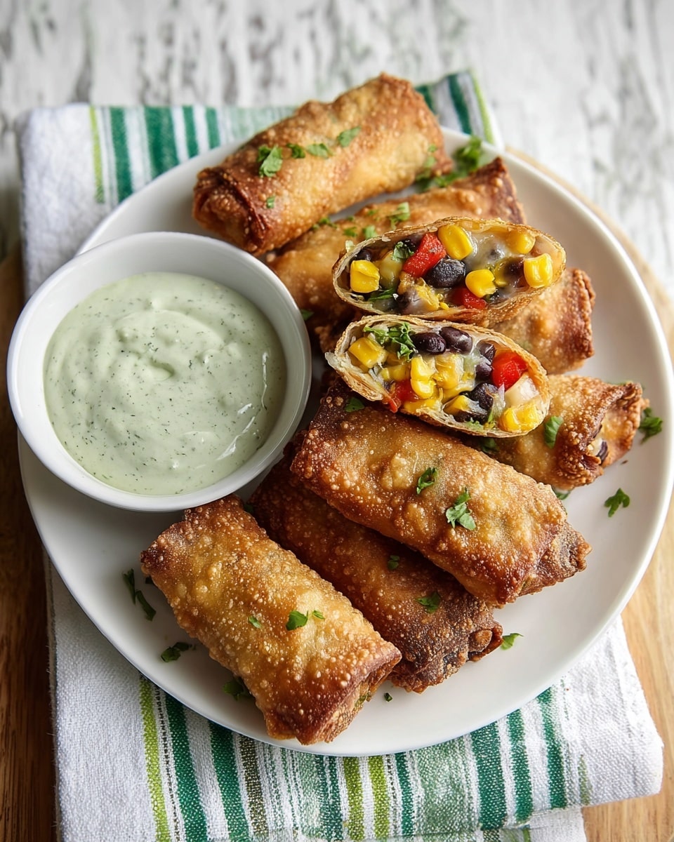 The image shows three golden brown, crispy egg rolls placed on a white plate with a white marbled texture surface underneath. Two egg rolls are stacked on top, cut in half to reveal the colorful filling inside. The filling has layers of yellow corn kernels, black beans, small red bell pepper pieces, green herbs, and melted light yellow cheese, all tightly packed within the crispy, bubbled outer shell. The third whole egg roll lies flat beneath them, showing its textured, crunchy exterior. The background is softly blurred white fabric, enhancing the focus on the egg rolls. Photo taken with an iphone --ar 4:5 --v 7