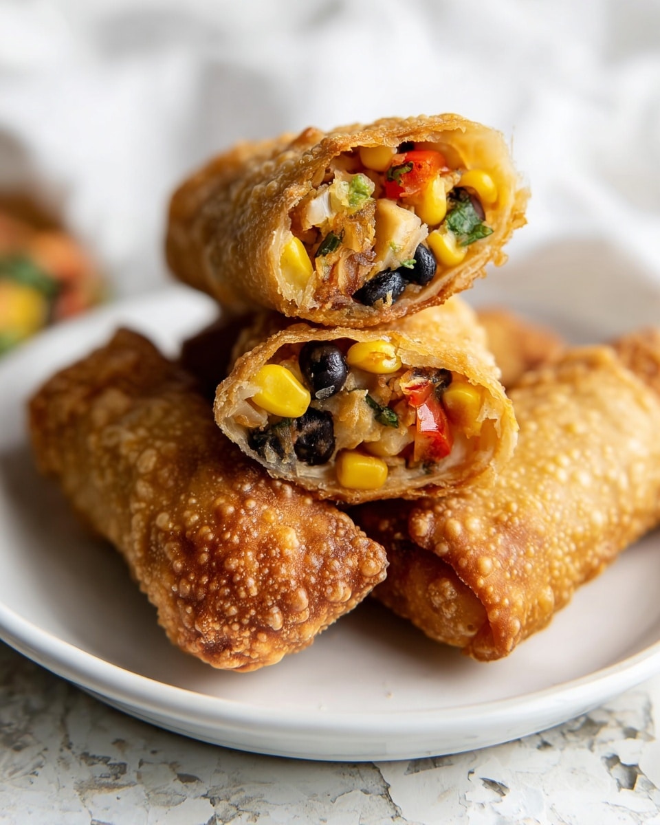 A white plate holds six golden-brown, crispy spring rolls, three of which are cut in half to show the colorful filling inside, featuring layers of yellow corn, black beans, red bell peppers, and green herbs with a slightly melted cheese texture. Next to the spring rolls is a small white bowl filled with a creamy light green dipping sauce speckled with herbs. The plate sits on a white cloth with green stripes, which rests on a wooden surface, all set against a background of white marbled texture. A whole spring roll is placed beside the plate, completing the arrangement. Photo taken with an iphone --ar 4:5 --v 7