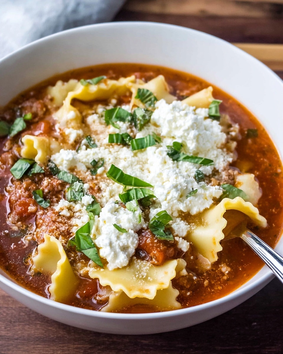 A white bowl filled with lasagna soup showing three visible layers: at the bottom, wide flat lasagna noodles with wavy edges in a light yellow color; the middle layer is a rich, thick reddish-brown tomato meat sauce with chunks of vegetables and meat; on top, a generous layer of white, crumbly ricotta cheese sprinkled with fresh, bright green basil leaves. A silver spoon is slightly inserted into the soup on the right side of the bowl, resting against the noodles. The bowl is set on a wooden table surface, but the background and surrounding surface should be replaced with a white marbled texture. photo taken with an iphone --ar 4:5 --v 7