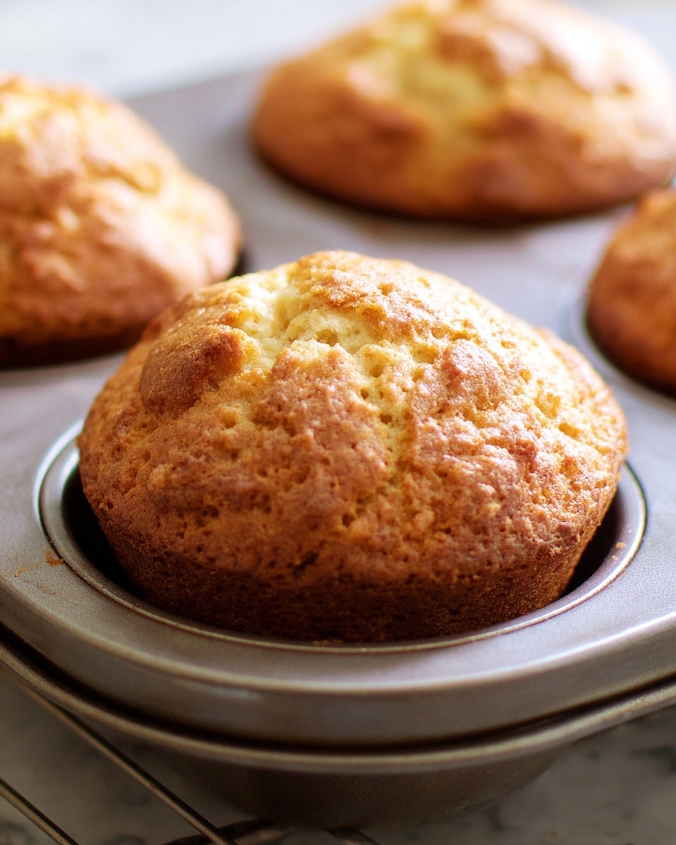 The image shows three golden brown muffins fresh from the oven, each sitting in a round metal cup of a muffin tray. The muffins have a slightly cracked, bumpy top texture with a mix of light and richer golden tones, indicating a soft inside and a crisp outside. They are placed close together on the tray, which rests on a white marbled textured surface. Photo taken with an iphone --ar 4:5 --v 7