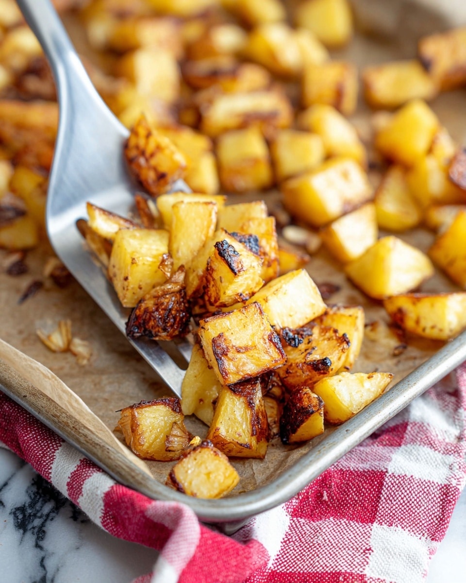 The image shows a metal spatula lifting golden-brown roasted potato cubes from a tray lined with parchment paper. The potatoes have a mix of crispy, charred edges in darker brown and softer, lighter yellow inside parts, giving a textured look. Some small bits of browned garlic or seasoning are visible on the potatoes. The tray sits on a white marbled surface with a red and white striped cloth below it. Photo taken with an iphone --ar 4:5 --v 7