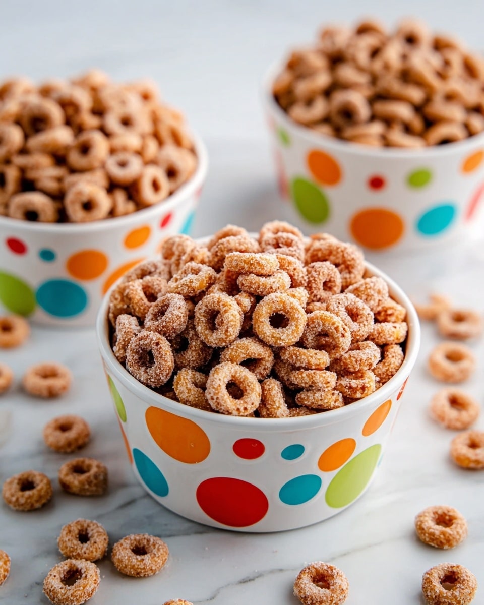 A close-up of a white bowl filled with cinnamon sugar-coated cereal rings, the cereal is light brown and covered in a fine layer of sparkling sugar crystals. Resting inside the bowl is a wooden spoon scooping some of the cereal. The background features a white marbled surface with another white bowl containing a wooden spoon and a jar filled with brown cinnamon powder partially visible. Photo taken with an iphone --ar 4:5 --v 7
