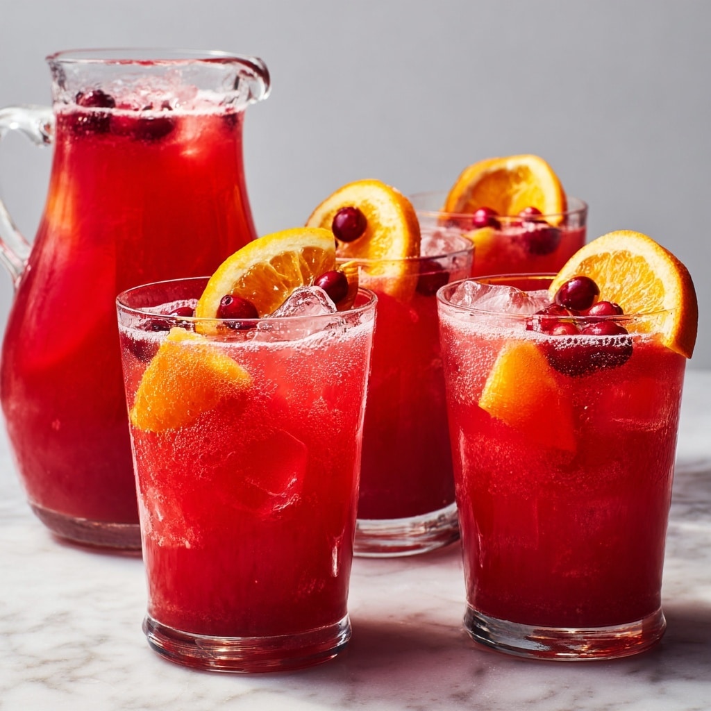 There are four clear glasses filled halfway with a bright red drink, each glass containing small ice cubes and floating orange slices and red berries on top. The drinks have a slight frothy layer near the surface. To the left side, there is a clear glass pitcher filled with the same red drink, placed on a white marbled surface. The background is plain and light gray, making the red color of the drinks stand out. photo taken with an iphone --ar 4:5 --v 7