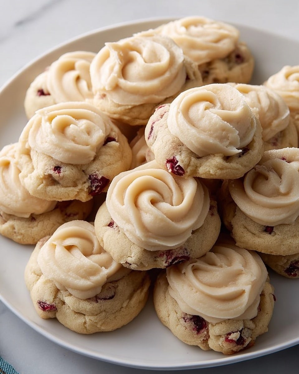 A white plate filled with soft, round cookies that have a light golden brown base studded with dark red berry pieces. Each cookie is topped with a thick swirl of smooth, creamy beige frosting, some rosette-shaped and some loosely spread over the top. The cookies look slightly textured and moist, and the plate rests on a white marbled surface. photo taken with an iphone --ar 4:5 --v 7