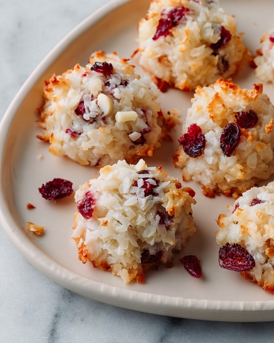 The image shows several small, round coconut macaroons on a white plate with slightly raised edges. Each macaroon is a single layer made of shredded white coconut mixed with small pieces of red dried cranberries and tiny chunks of white nuts. The macaroons have a slightly rough and uneven texture, with some golden brown edges from baking. A few crumb pieces are scattered around the plate. The background is a white marbled texture. photo taken with an iphone --ar 4:5 --v 7