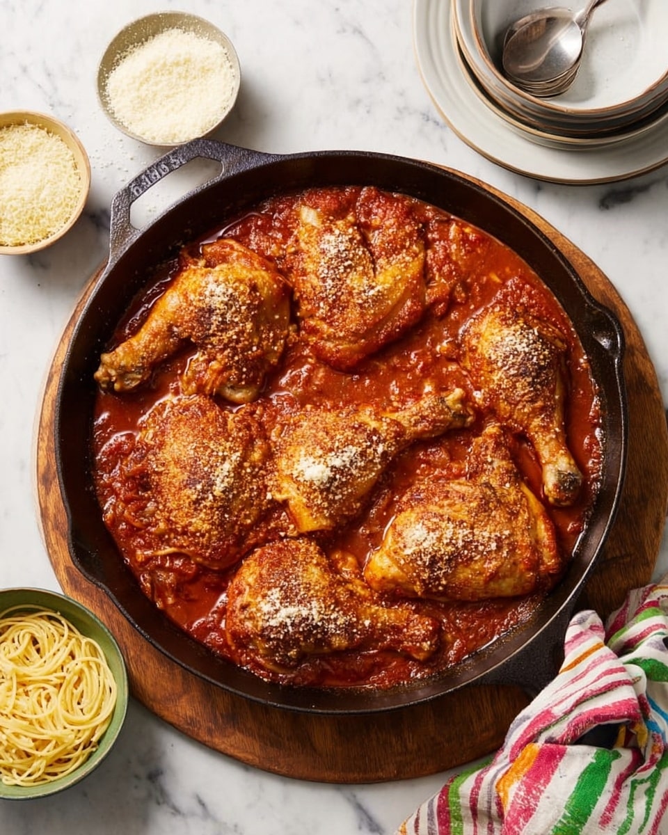 A round cast iron pan filled with six large pieces of roasted chicken, each with a golden brown crispy skin, placed on top of a rich, thick red tomato sauce that covers the bottom layer of the pan. The chicken pieces vary in shape, including drumsticks, wings, and thighs, spread evenly in the reddish sauce and sprinkled lightly with grated cheese. The pan sits on a wooden board on a white marbled surface. Around the pan are two white bowls, one with grated cheese and the other with cooked pasta, and a white plate with two stacked gray bowls; a spoon rests in the top bowl. A white cloth with colorful stripes is partially tucked under the pan handle. Photo taken with an iphone --ar 4:5 --v 7