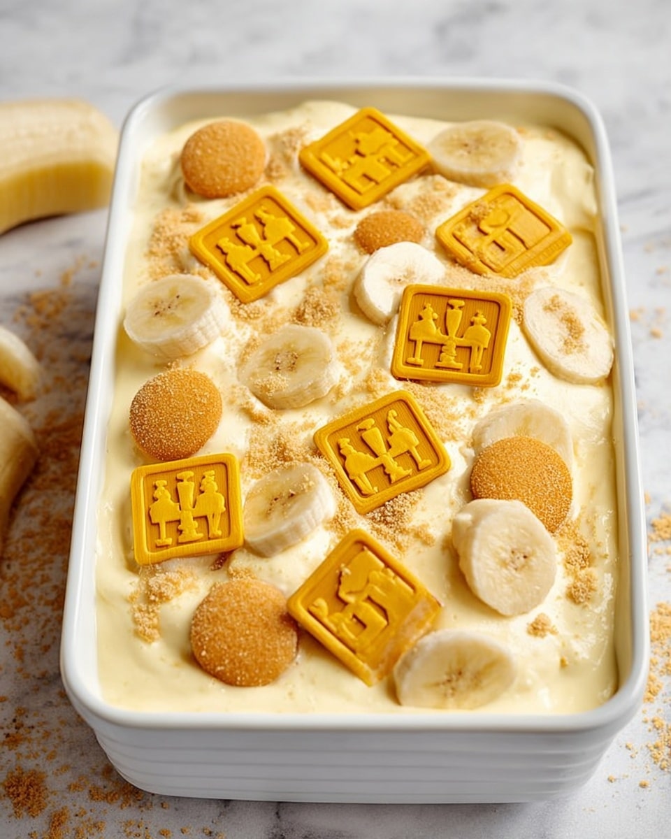 A white rectangular dish holds a layered dessert with a creamy, pale yellow base topped with alternating slices of fresh banana, light brown round vanilla wafers, and square sandwich cookies with yellow frosting and playful designs. One corner of the dessert has a scoop taken out, showing a soft, creamy inside mixed with a crumbly cookie layer at the bottom. The dish sits on a white marbled surface next to a yellow banana and a blue and white striped cloth. Photo taken with an iphone --ar 4:5 --v 7