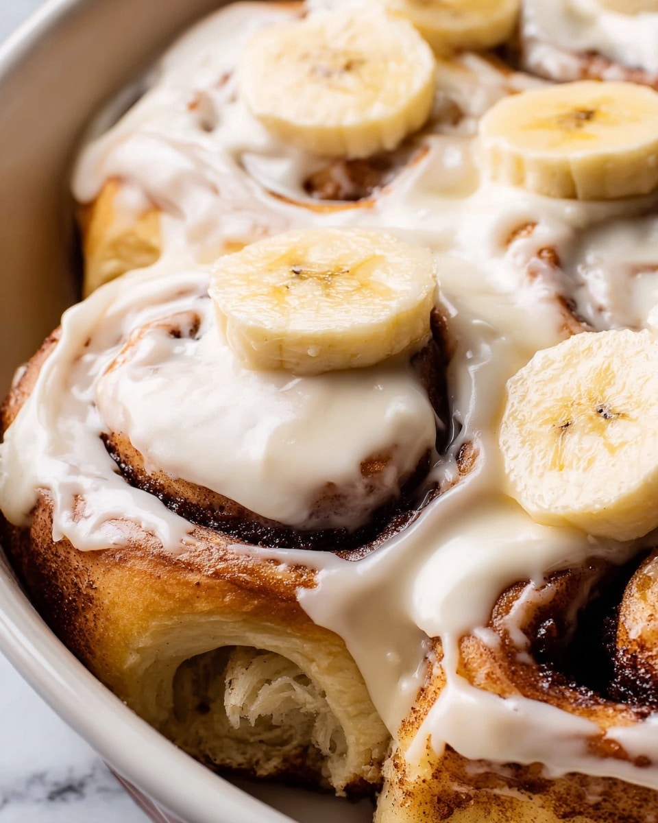 A close-up view of multiple cinnamon rolls layered tightly together, each roll showing a golden-brown baked dough with dark cinnamon swirls inside; the rolls are thickly covered with smooth, creamy, off-white icing that drapes over the dough and fills the gaps between them; scattered on top are round, pale yellow banana slices adding a fresh contrast to the warm baked rolls and rich icing; the whole arrangement rests on a white marbled texture. photo taken with an iphone --ar 4:5 --v 7