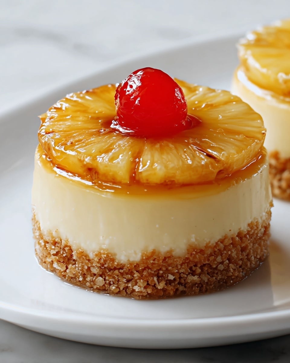 A small round dessert with three clear layers sits on a white plate against a white marbled background. The bottom layer is coarse and crumbly, light brown in color, resembling a graham cracker crust. The middle layer is creamy and smooth, pale yellow, thick and solid, making up most of the dessert. On top, there is a thin, shiny, caramelized pineapple slice with a glistening texture, crowned by a small glossy red cherry in the center, covered in syrup. Photo taken with an iphone --ar 4:5 --v 7