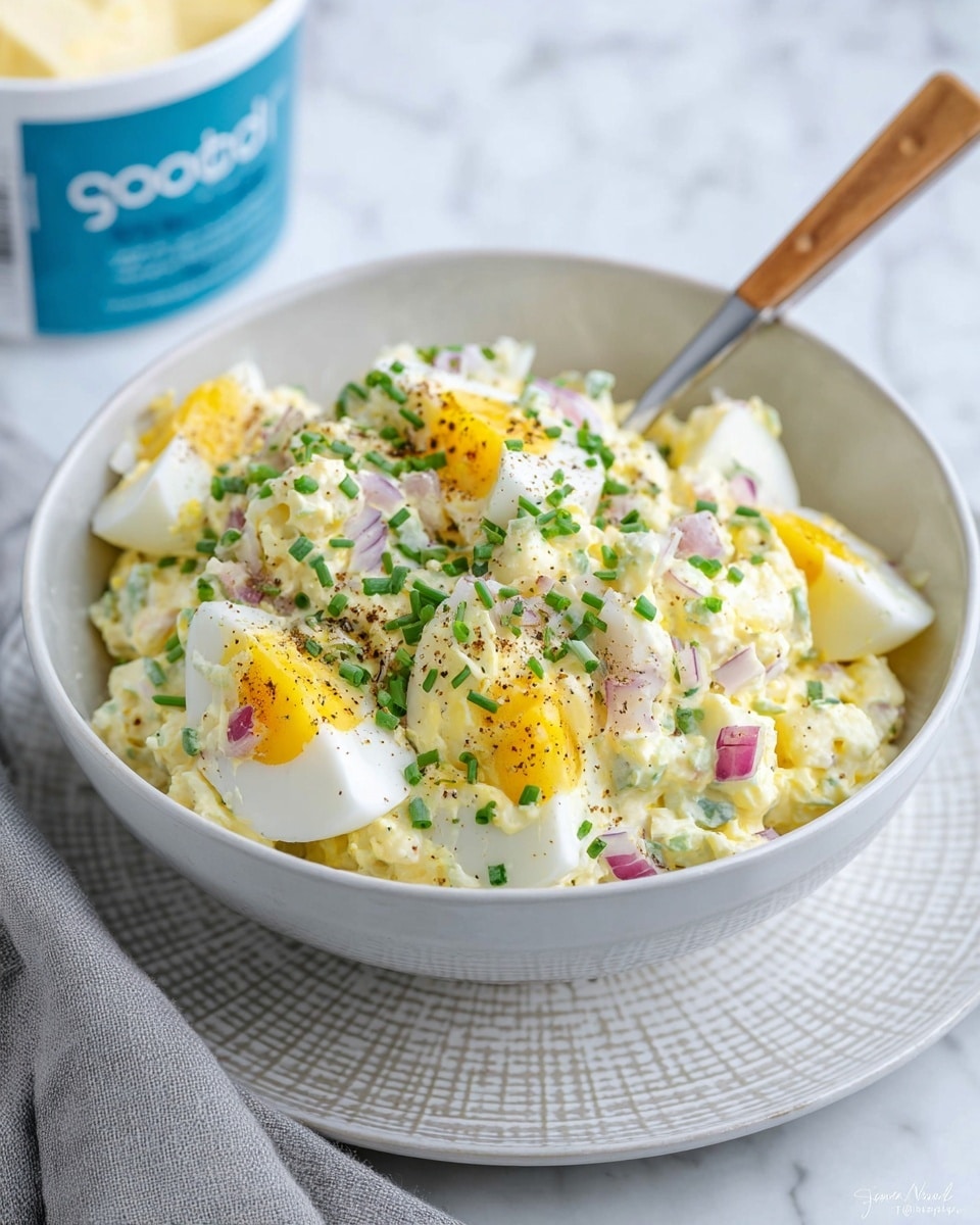 A white bowl filled with chunky egg salad showing a mix of pale yellow creamy base and white egg pieces with bright yellow yolks, topped with finely chopped green chives and small bits of purple onion scattered on top. A wooden-handled spoon is placed inside the bowl, resting at the back. The bowl sits on a white marbled surface with a soft gray textured cloth nearby and a blue and white container blurred in the background. photo taken with an iphone --ar 4:5 --v 7