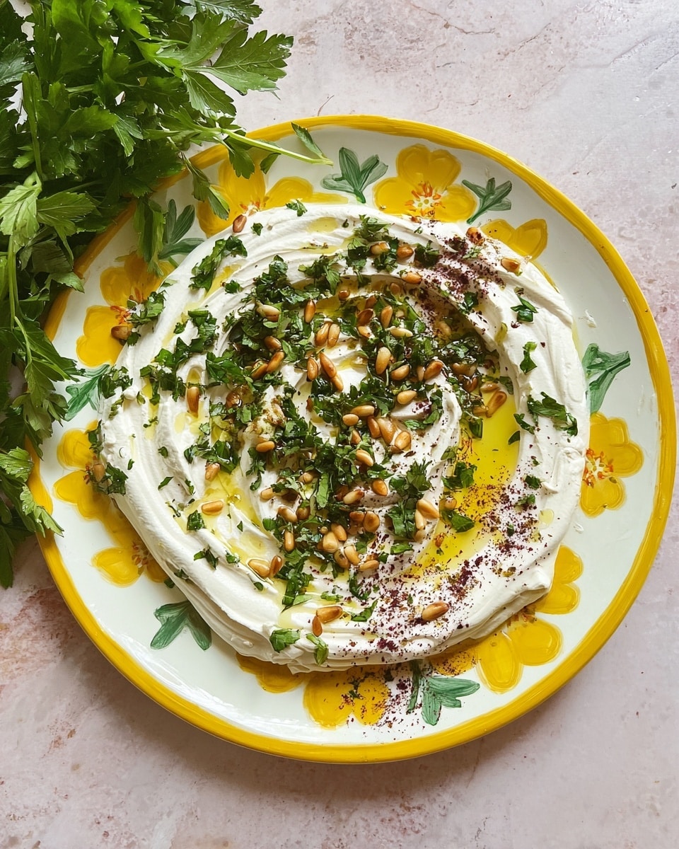 A white ceramic plate with a yellow and green pattern holds a neatly spread layer of thick, creamy white yogurt or labneh, swirled in a circular motion. The surface is drizzled with golden olive oil pooling slightly in the center and sprinkled with toasted pine nuts scattered mainly in the middle. Finely chopped green herbs, likely parsley, are generously sprinkled over the yogurt along with a dusting of dark red spice, possibly sumac. The plate sits on a white marbled texture surface with fresh green parsley leaves partially visible in the top left corner of the image. Photo taken with an iphone --ar 4:5 --v 7