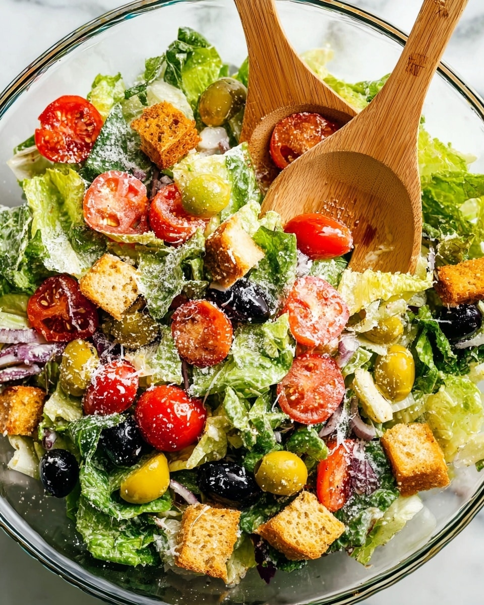 A clear glass bowl filled with a fresh salad consisting of three main layers: the bottom layer is a mix of different green leafy vegetables, some purple cabbage, and thin slices of onions, the middle layer shows sliced red tomatoes and black olives scattered on top, and the top layer features golden brown croutons evenly spread. A spoon with light yellow creamy dressing is dripping over the salad, and two wooden salad utensils rest inside the bowl on the right. The bowl sits on a white marbled surface. photo taken with an iphone --ar 4:5 --v 7