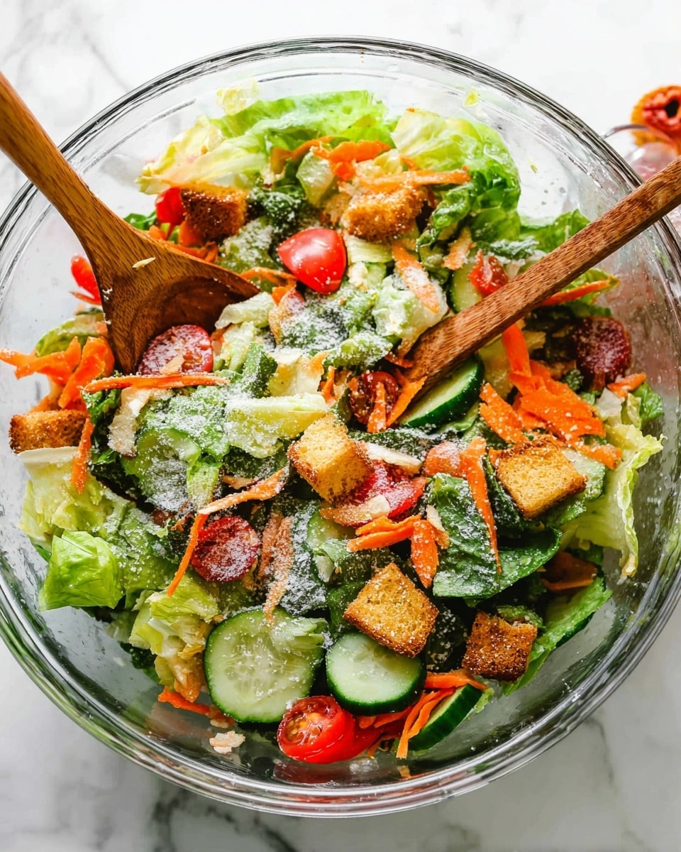 A clear glass bowl holds a fresh salad with several layers, starting with a base of leafy green lettuce. On top, there are sliced dark green cucumbers and bright orange shredded carrots scattered evenly. Halved red cherry tomatoes are placed across the salad, adding pops of bright red color. Small brown croutons and tiny bits of red onion are mixed throughout, with a light sprinkling of white grated cheese dusting the top. Two wooden salad spoons rest inside the bowl at angles, partially submerged in the salad. The bowl sits on a white marbled surface, with a glass jar of salad dressing and a small wooden bowl of grated cheese nearby. A few stray carrot shreds and a white cloth with blue stripes are slightly visible near the bowl. Photo taken with an iphone --ar 4:5 --v 7