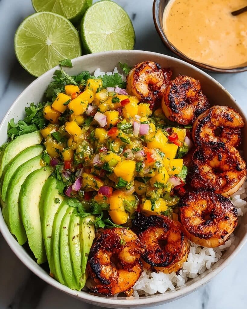 Mediterranean Shrimp and Avocado Bowls with Mango Salsa & Lime-Chili Sauce Recipe